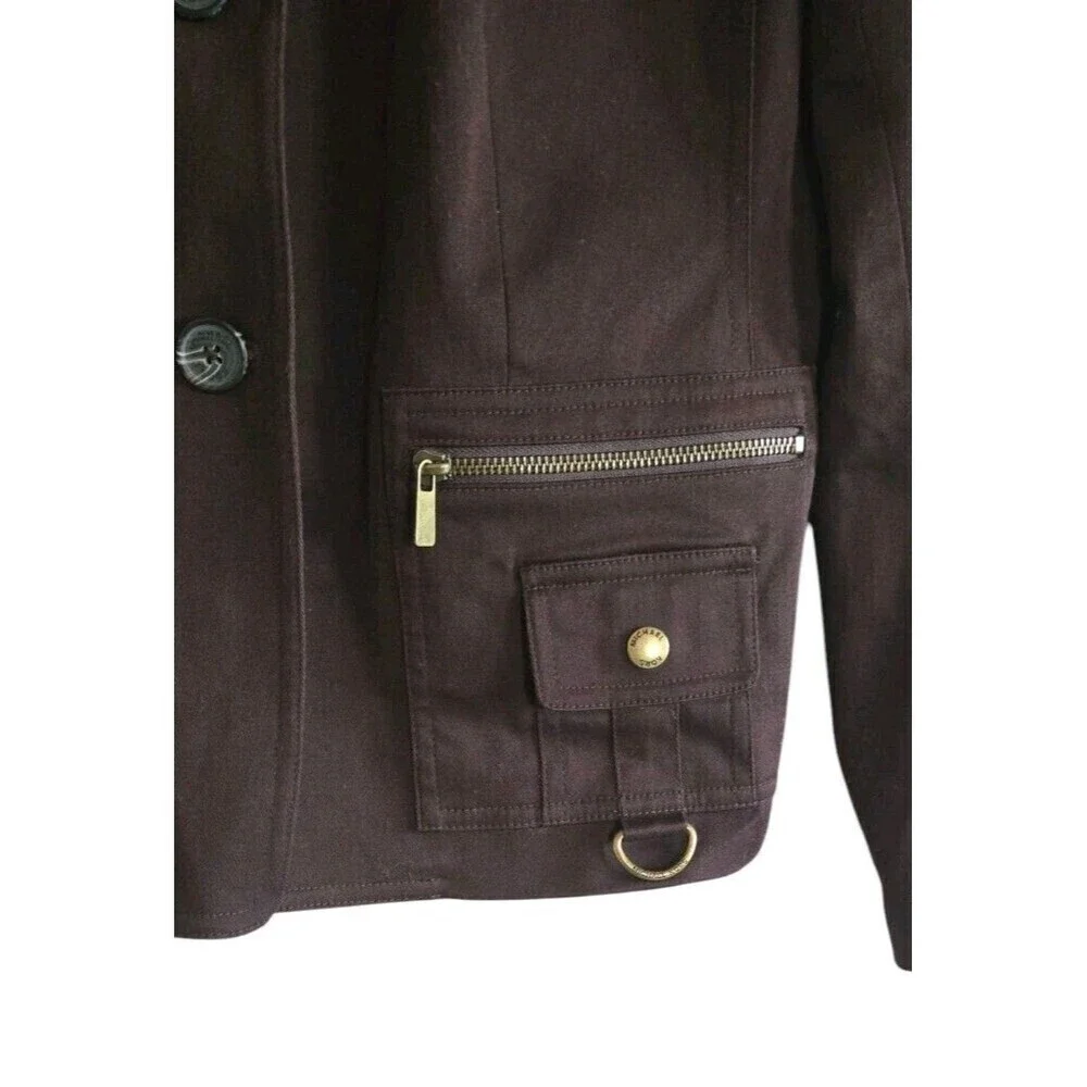Michael Kors Blazer Safari Jacket  Dark Brown Zipper Pockets Satin Lined Size 10